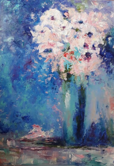 Pintura intitulada "Flowers in a blue v…" por Sveta Shulginova, Obras de arte originais, Óleo