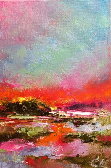 Painting titled "Fiery sunset" by Sveta Shulginova, Original Artwork, Oil