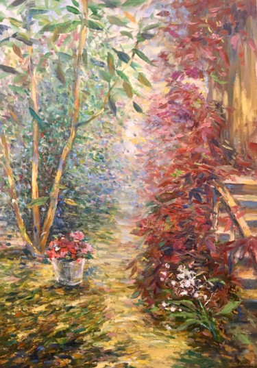 Painting titled "Old garden" by Sveta Sokolova, Original Artwork, Oil Mounted on Wood Stretcher frame