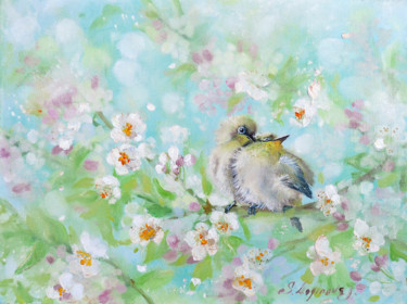 「Bird painting, livi…」というタイトルの絵画 Svetlana Loginovaによって, オリジナルのアートワーク, オイル ウッドストレッチャーフレームにマウント