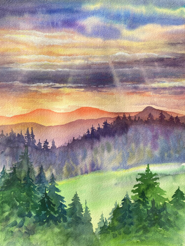Painting titled "The sun goes down o…" by Svetlana Adiyanova, Original Artwork, Watercolor
