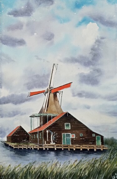 Malerei mit dem Titel "Holland's mill" von Svetlana Avramenko, Original-Kunstwerk, Aquarell