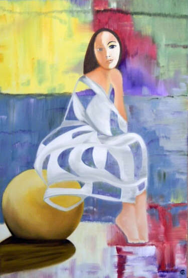 Painting titled "The Girl on a Ball" by Svetlana Bagdasaryan, Original Artwork, Oil Mounted on Wood Stretcher frame