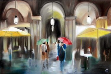 Painting titled "Rain in the City." by Svetlana Bagdasaryan, Original Artwork, Oil