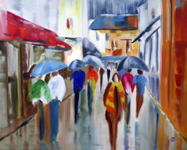 Painting titled "Rainy Street." by Svetlana Bagdasaryan, Original Artwork, Oil Mounted on Wood Stretcher frame