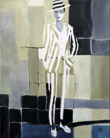 Painting titled "The Striped Woman." by Svetlana Bagdasaryan, Original Artwork, Oil Mounted on Wood Stretcher frame