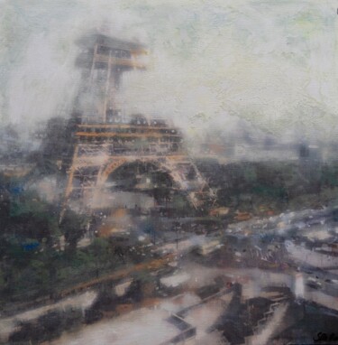 Painting titled "Love by The Eiffel…" by Svetlana Bellon, Original Artwork, Acrylic Mounted on Wood Stretcher frame