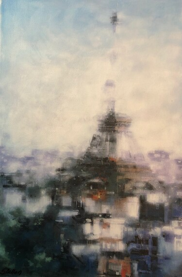 Painting titled "Ethereal Eiffel" by Svetlana Bellon, Original Artwork, Acrylic Mounted on Wood Stretcher frame