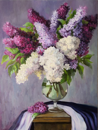 Painting titled "Lilac in a glass" by Svetlana Belova, Original Artwork, Oil Mounted on Other rigid panel