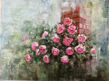 Malerei mit dem Titel "Rose bush on a bric…" von Svetlana M. Belova, Original-Kunstwerk, Öl