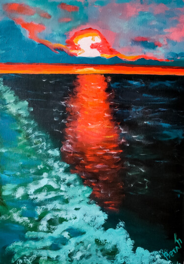Painting titled "Red sunset" by Svetlana Berezova, Original Artwork, Oil