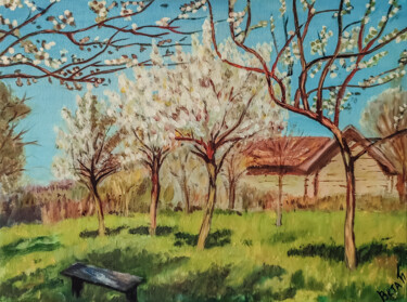 Painting titled "Blooming apple trees" by Svetlana Berezova, Original Artwork, Oil