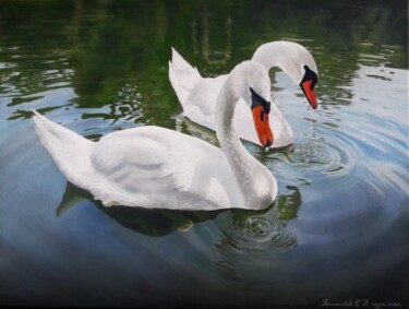 Pittura intitolato "A pair of swans on…" da Svetlana Braznikova, Opera d'arte originale, Acrilico