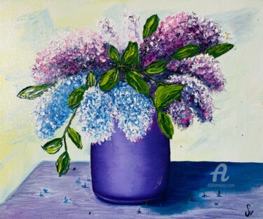 Painting titled "Oil painting: Lilac" by Svetlana Dorokhina, Original Artwork, Oil Mounted on Wood Stretcher frame