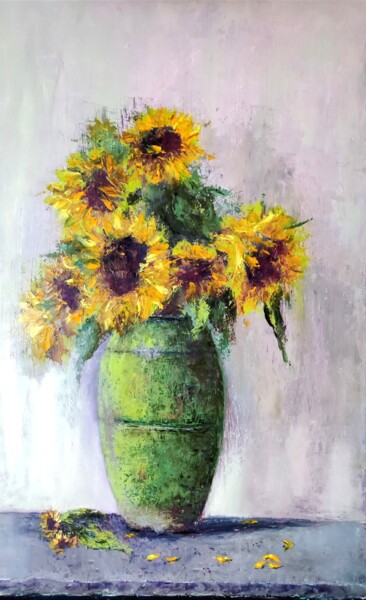 Peinture intitulée "Sunflowers in a vase" par Svetlana Dushina, Œuvre d'art originale, Huile Monté sur Panneau de bois