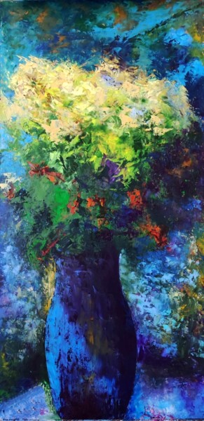 Картина под названием "Bouquet in a blue v…" - Svetlana Dushina, Подлинное произведение искусства, Масло