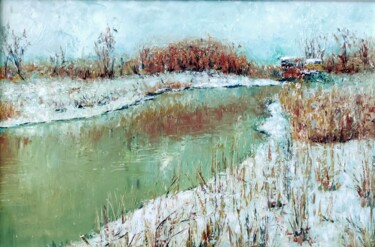 Painting titled "winter landscape ri…" by Svetlana Dushina, Original Artwork, Oil