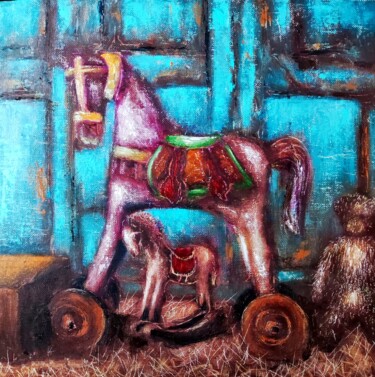 Painting titled "Trojan horse" by Svetlana Dushina, Original Artwork, Oil Mounted on Cardboard