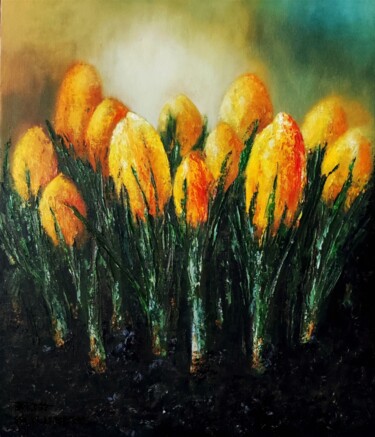 Pintura intitulada "yellow tulips" por Svetlana Dushina, Obras de arte originais, Óleo Montado em Cartão