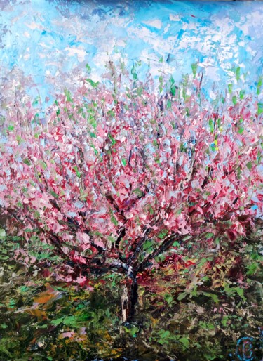 Painting titled "sakura blossoms" by Svetlana Dushina, Original Artwork, Oil Mounted on Cardboard