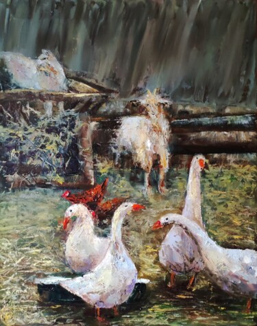 Painting titled "and in our yard" by Svetlana Dushina, Original Artwork, Oil