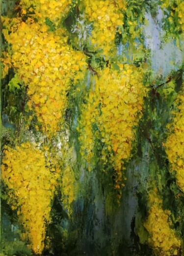 Painting titled "mimosa branches" by Svetlana Dushina, Original Artwork, Oil