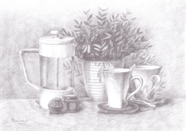 Dessin intitulée "Белое чаепитие" par Svetlana Firsova, Œuvre d'art originale, Stylo à bille