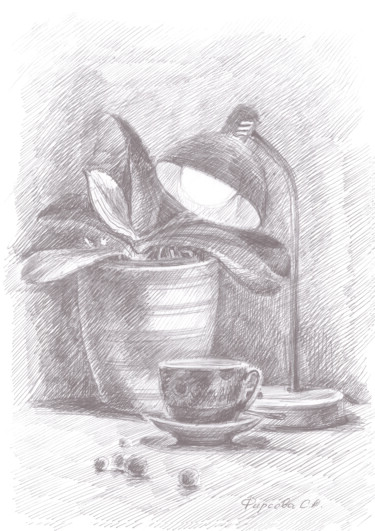 Dessin intitulée "Вечернее чаепитие" par Svetlana Firsova, Œuvre d'art originale, Stylo à bille