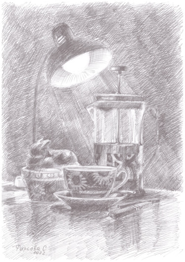 Dessin intitulée "Ночное чаепитие №2" par Svetlana Firsova, Œuvre d'art originale, Stylo à bille