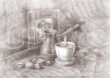 Dessin intitulée "Кофейные воспоминан…" par Svetlana Firsova, Œuvre d'art originale, Stylo à bille