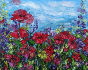 Painting titled "Poppies in the field" by Svetlana Sindere, Original Artwork, Oil Mounted on Wood Stretcher frame