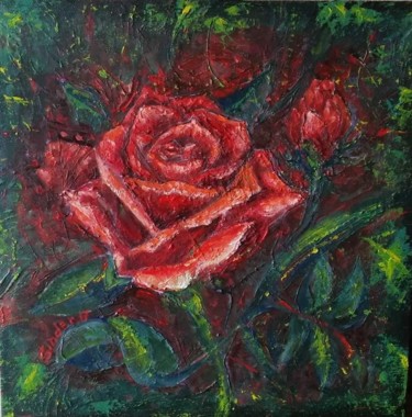 Painting titled "11.8 * 11.8 Rose Oi…" by Svetlana Sindere, Original Artwork, Oil Mounted on Wood Stretcher frame