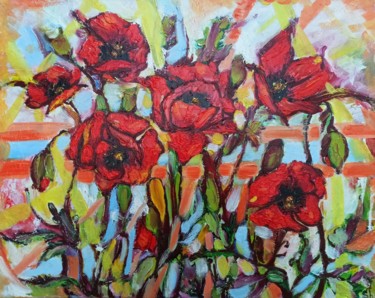 Painting titled "Flowers "Рoppies"" by Svetlana Sindere, Original Artwork, Oil Mounted on Wood Stretcher frame