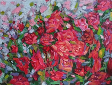 Painting titled "Roses Oil Painting…" by Svetlana Sindere, Original Artwork, Oil Mounted on Wood Stretcher frame