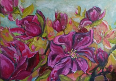 Painting titled "Pink Мagnolia Flowe…" by Svetlana Sindere, Original Artwork, Oil Mounted on Wood Stretcher frame