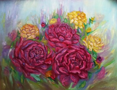 Painting titled "Flowers Oil Paintin…" by Svetlana Sindere, Original Artwork, Oil Mounted on Wood Stretcher frame