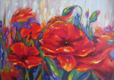 Painting titled "Flowers Poppies Oil…" by Svetlana Sindere, Original Artwork, Oil Mounted on Wood Stretcher frame