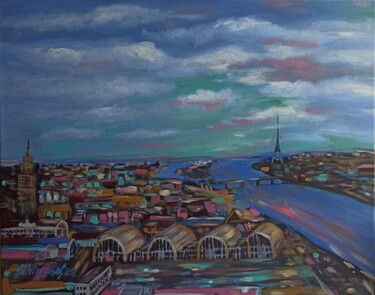 Painting titled "Сityscape Original…" by Svetlana Sindere, Original Artwork, Oil Mounted on Wood Stretcher frame