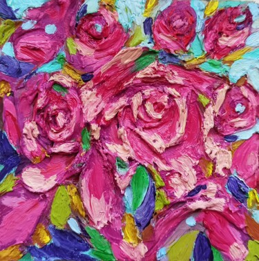 Painting titled "Roses Flowers Origi…" by Svetlana Sindere, Original Artwork, Oil Mounted on Cardboard
