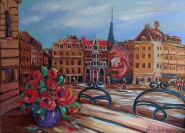Painting titled "Сityscape Old  Riga…" by Svetlana Sindere, Original Artwork, Oil Mounted on Wood Stretcher frame