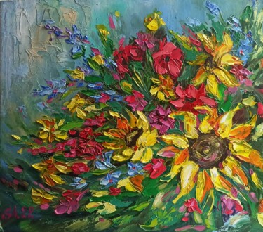 Painting titled "Tuscany Sunflowers…" by Svetlana Sindere, Original Artwork, Oil Mounted on Cardboard