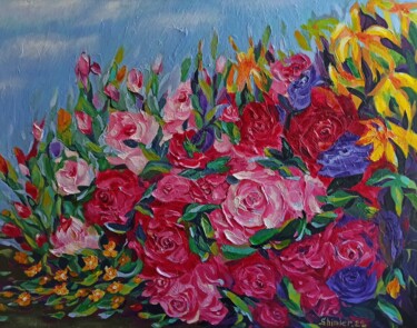 Painting titled "Roses Landscape Ori…" by Svetlana Sindere, Original Artwork, Oil Mounted on Wood Stretcher frame
