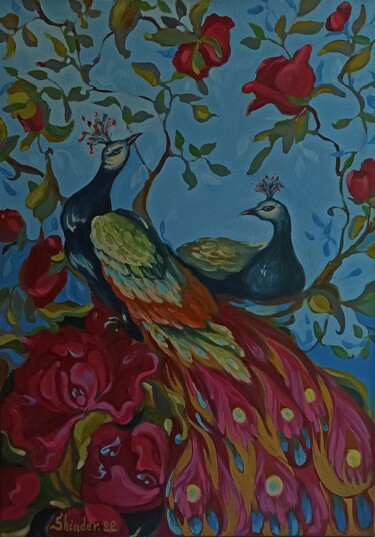 Painting titled "Peacocks Original O…" by Svetlana Sindere, Original Artwork, Oil Mounted on Wood Stretcher frame