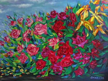 Painting titled "Roses Original Oil…" by Svetlana Sindere, Original Artwork, Oil Mounted on Wood Stretcher frame