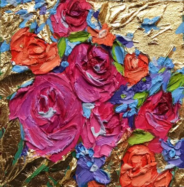 Schilderij getiteld "Roses Original Impa…" door Svetlana Sindere, Origineel Kunstwerk, Olie Gemonteerd op Karton
