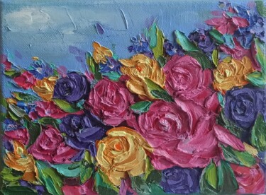Painting titled "Roses Original Impa…" by Svetlana Sindere, Original Artwork, Oil Mounted on Wood Stretcher frame