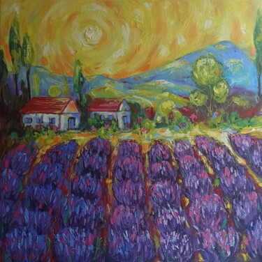Schilderij getiteld "Lavender Landscape,…" door Svetlana Sindere, Origineel Kunstwerk, Olie Gemonteerd op Frame voor houten…