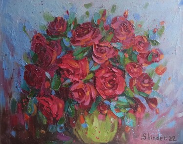 Painting titled "Roses flower Origin…" by Svetlana Sindere, Original Artwork, Oil Mounted on Cardboard
