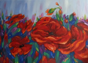 Painting titled "Poppy Tuscany Paint…" by Svetlana Sindere, Original Artwork, Oil Mounted on Wood Stretcher frame