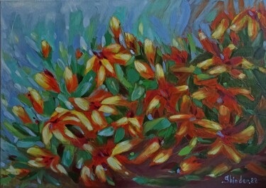 Painting titled "Lily Flowers Origin…" by Svetlana Sindere, Original Artwork, Oil Mounted on Wood Stretcher frame